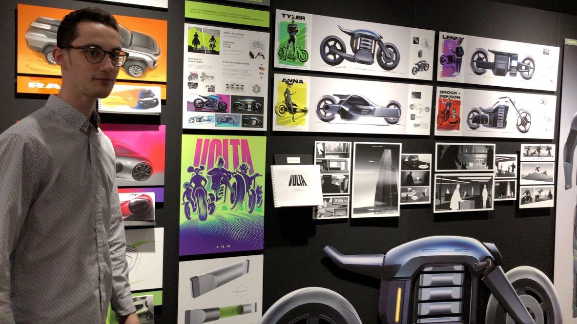 VOLTA motorcycle thesis wall — character-driven electric bike concepts